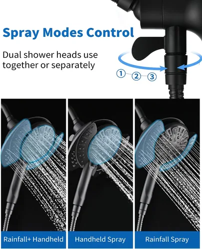 Vista 3 de Cabezal de ducha 2 en 1 con combo de mano de alta presión, color negro, 2.5 GPM 7.2" Rain Showerhead and 9 Spray Hand Held Shower, Adjustable