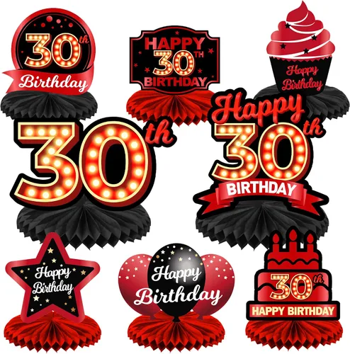 Vista 68 de Feliz 45 cumpleaños rojo y negro centros de mesa de panal de abeja decoraciones de globos decoración de mesa centros de mesa para niñas mujeres