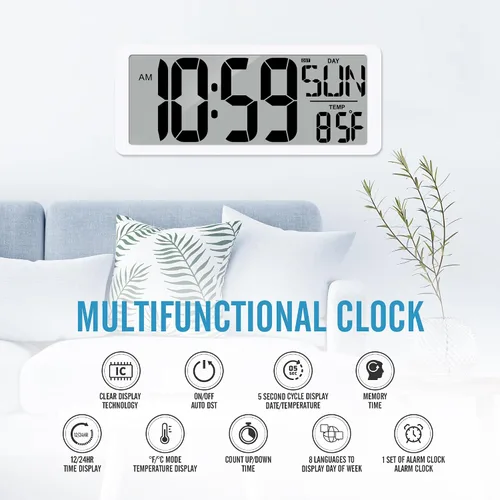 Vista 7 de Reloj de pared digital grande de 15 pulgadas con temporizador, pantalla de 8 idiomas para días de semana, temperatura y fecha, 3 alarmas