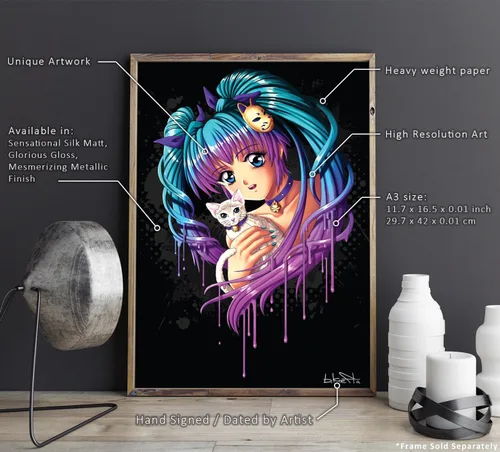 Vista 2 de krefta - Arte de gatito y niña, estampado de anime firmado, regalo de arte de manga Kawaii, 11.7 x 16.5 pulgadas
