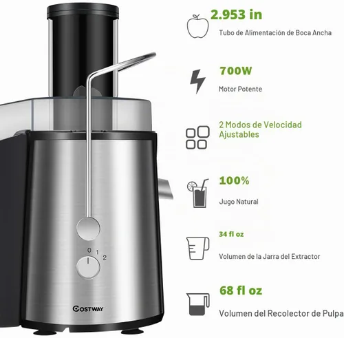Vista 2 de COSTWAY Extractor de jugo, máquina exprimidora de acero inoxidable de boca ancha de 2.953 in, ajuste de 2 velocidades, máquina exprimidora de alta