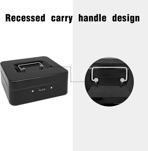 Vista 5 de Caja de efectivo de acero con cerradura de combinación, organizador de dinero pequeño de metal con bandeja de dinero extraíble, caja de Negro - 7.9