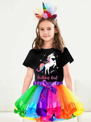 Vista 2 de Doctor Unicorn Conjunto de cumpleaños para niñas, vestido con falda de tutú, camiseta de unicornio, diadema y banda de satén
