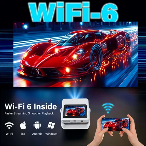 Vista 7 de Proyector con soporte 4K con WiFi y Bluetooth, Proyector inteligente portátil al aire con pantalla táctil, enfoque automático y control táctil