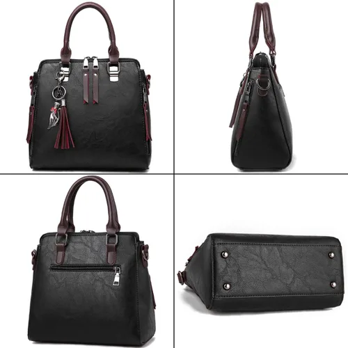 Vista 5 de Dayfine Bolso de mano de cuero para mujer, bolso de mano con asa superior, bolso de hombro con cremallera, bolso cruzado, lindo colgante de gato