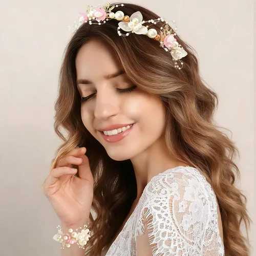 Vista 2 de Tocado de flores de perlas de boda con ramillete de muñeca a juego para mujer, accesorios para fiesta de cumpleaños (estilo rosa)