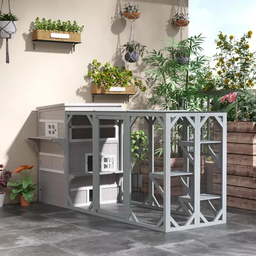 Vista 5 de 3-Tier Wooden Cat House for Outdoor and Indoor Use with Raised Floor and Asphalt Roof Gray Cat Shelter with Escape Doors and Jump Platforms