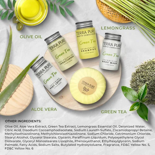 Vista 5 de Terra Pure Juego de jabones y artículos de tocador para hotel a granel Kit de amenidades 1-Shoppe Champú y acondicionador de 1 oz, gel de baño