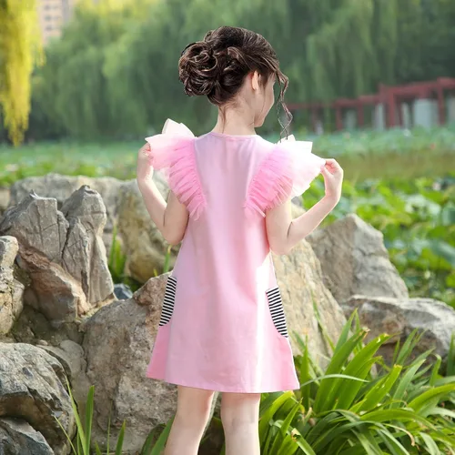 Vista 2 de Sunny Fashion Girls Dress Blue T-Shirt Pocket Embroidery Butterfly Tulle Flutter Sleeve