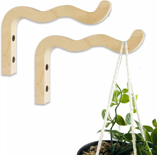 Vista 18 de EvenWood Juego de 2 ganchos para plantas de pared de 6 pulgadas, gancho de madera montado en forma de L, soporte para interiores y exteriores