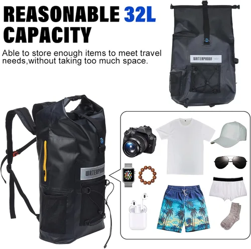 Vista 5 de Blueshyhall Mochila seca impermeable de 32 L, bolsa de almacenamiento enrollable para viajes, kayak, rafting, barco, pesca, campamento, color negro