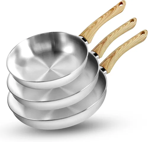Vista 10 de KOCH SYSTEME CS Juego de sartenes de acero inoxidable con tapa, sartenes de acero inoxidable de 8" y 10" y 12" con mango resistente al calor, juego