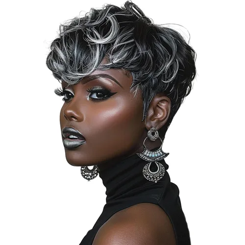 Vista 8 de Pelucas rizadas de corte Pixie para mujeres negras, pelucas cortas negras #1 Jet