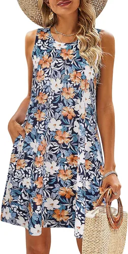 Vista 34 de SimpleFun - Vestidos de verano para mujer, camiseta floral, vestido de playa de estilo bohemio, informal, con bolsillos y sin mangas
