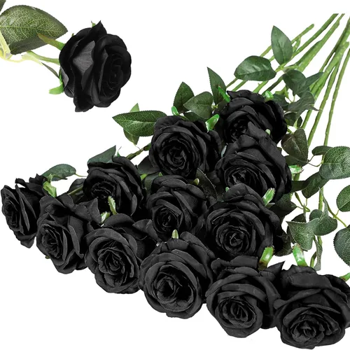 Vista 25 de Hawesome - Ramo de 12 rosas artificiales de seda con tallo largo para decoración del hogar, boda, fiesta (Negro-1)