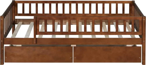 Vista 5 de Harper & Bright Designs Sofá cama de tamaño individual con dos cajones, marco de cama de madera con plataforma individual para niños con Nogal