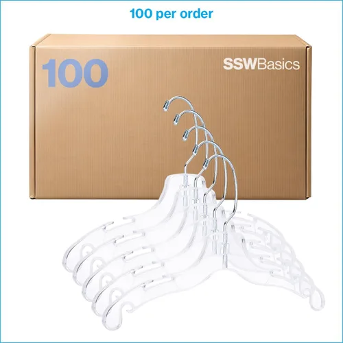 Vista 6 de SSWBasics Perchas de plástico para niños de 12 pulgadas – Caja de 100 – Perchas de plástico transparente con giro