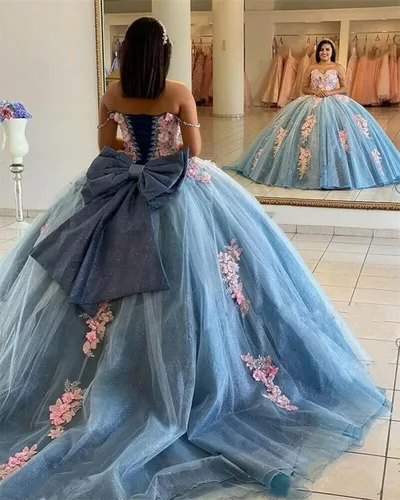 Vista 2 de Mauuwy Vestidos de quinceañera con hombros descubiertos, vestido de baile de tul hinchado, dulce 16, vestidos largos de encaje brillante Y89