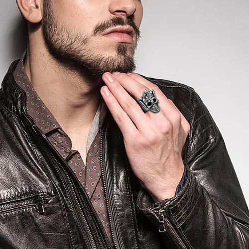 Vista 4 de Flongo Anillo punk de acero inoxidable plateado negro gótico Joker payaso anillo para hombre
