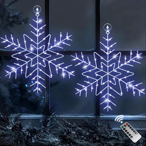 Vista 7 de Zimati - Luces navideñas para ventana, diseño de copo de nieve 14 in Iron Frame, Cool White, USB Powered, Timer, Remote Control, 8 Lighting Modes