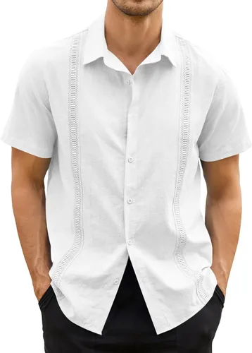 Vista 2 de Hestenve Guayabera - Camisas casuales de lino y algodón con botones de manga corta para hombre, camisa hawaiana cubana de verano, playa, trabajo