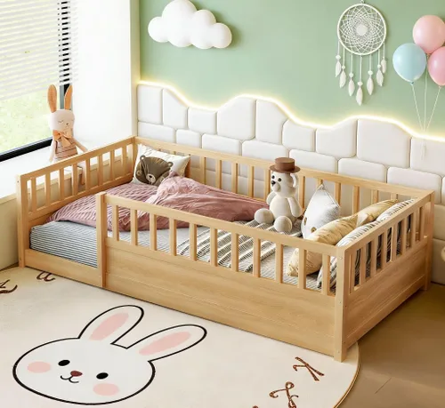Vista 5 de Bellemave Cama de piso doble con valla alta, cama Montessori de madera para niños, natural