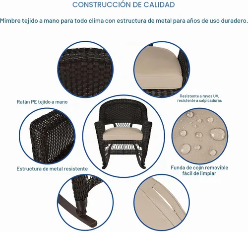 Vista 6 de Jeco Silla Rocker de mimbre con cojín bronceado, juego de 2, color espresso