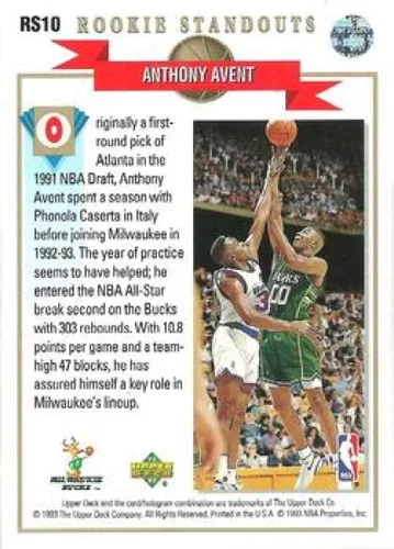 Vista 2 de 1992-93 Upper Deck Basketball Rookie Standouts #RS10 Anthony Avent Official UD NBA Trading Card