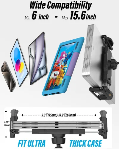 Vista 6 de Soporte de aluminio para tablet para soporte de escritorio, soporte de tableta [pequeño portátil] para cocina, clip de cama con abrazadera grande