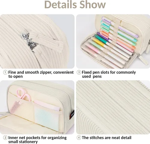 Vista 5 de Sooez Estuche de Lápices de Gran Capacidad con Funda para Bolígrafos, Bolsa de Lápiz de Corduroy Suave con 3 Compartimentos, Múltiples Bolsillos