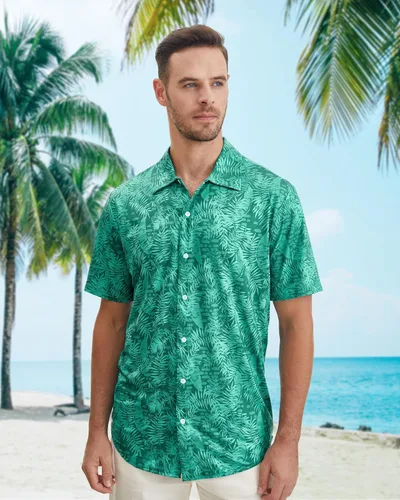 Vista 3 de BOJIN Camisa hawaiana de manga corta con botones para hombre, diseño floral tropical, sin arrugas, para vacaciones en la playa