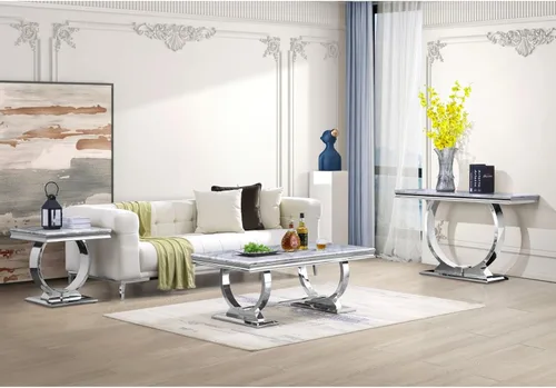 Vista 6 de Mesa de centro moderna, mesas de centro con pedestal de base en U plateadas para sala de estar, mesa de centro rectangular de 48 pulgadas en gris