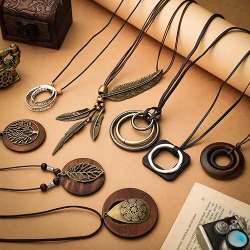 Vista 7 de 8 collares largos bohemios para mujer, collares de madera vintage, hechos a mano, hippie, de piel sintética, suéter, joyería
