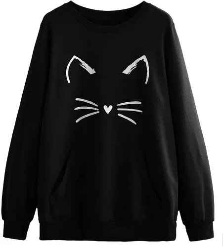 Vista 4 de Romwe Sudadera ligera de manga larga con estampado de gato para mujer