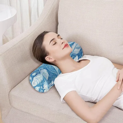 Vista 5 de Almohada de cuello azul de plumas blancas para dormir, almohada cervical de espuma viscoelástica para aliviar el dolor de cuello, almohadas redondas