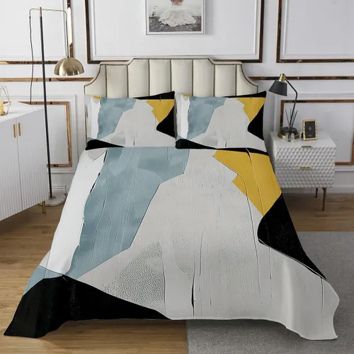 Vista 2 de Juego de colcha de arte degradado abstracto retro pintura al óleo para niños y niñas, juego de edredón vintage de arte grunge amarillo y negro