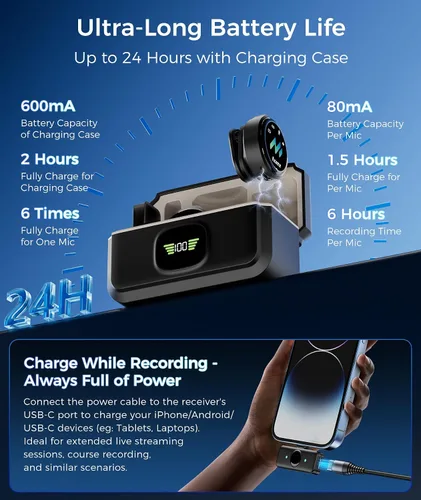 Vista 17 de Micrófono Lavalier inalámbrico para teléfonos iPhone y Android, micrófono de solapa con clip AI Noise Reduction & Hi-Fi Audio & 24H Working Time &