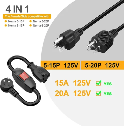 Vista 6 de Cable de extensión de interruptor de encendido/apagado 4 en uno en ángulo resistente 12-AWG 15A enchufe doméstico a 20 A T Blade Cable adaptador