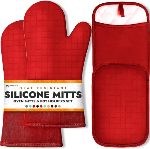 Vista 41 de HOMWE - Manopla de horno profesional y extralarga de silicona, guantes con forro acolchado, agarraderas resistentes al calor, guantes flexibles