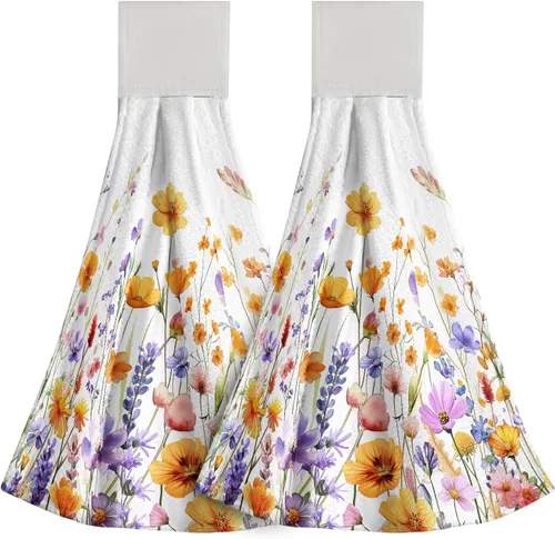 Vista 38 de Poppy Flower Hanging Hand Towels Set of 2,17x12 Inch Watercolor Chinoiserie Yellow Black Floral Soft Absorbent Dish Cloth Tie Towel for Kitchen