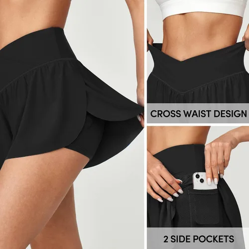 Vista 5 de IUGA Pantalones cortos deportivos para mujer, de cintura alta, para entrenamiento, correr, cruzados, fluidos, de mariposa, ropa de preparación
