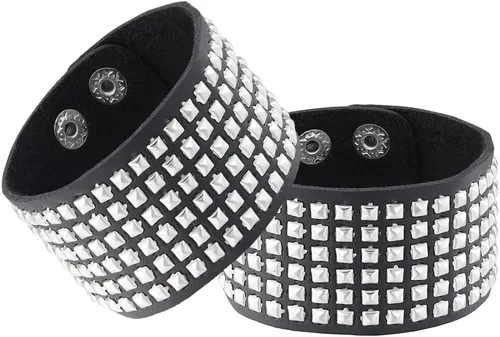 Vista 3 de Eigso Juego de pulseras de cuero punk para hombres y mujeres, estilo retro de los años 80, estilo motociclista, remaches, remaches, para hombre