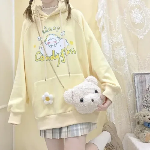 Vista 3 de Sudadera con capucha Kawaii con estampado de oveja, sudadera estética de gran tamaño, ropa de calle Harajuku, Albaricoque