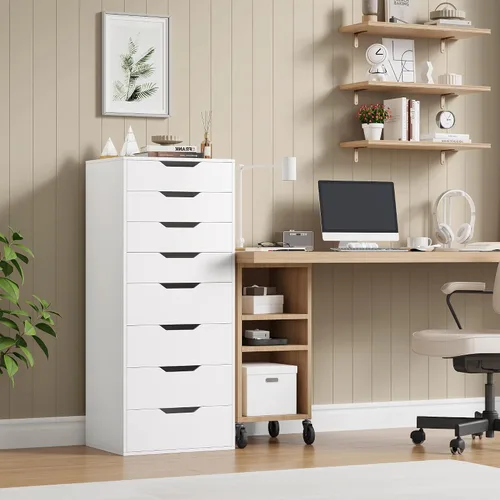 Vista 8 de FACBOTALL Cómoda blanca alta, cómoda de 8 cajones con asas ranuradas, cómodas altas blancas, cómoda moderna con gran espacio de almacenamiento