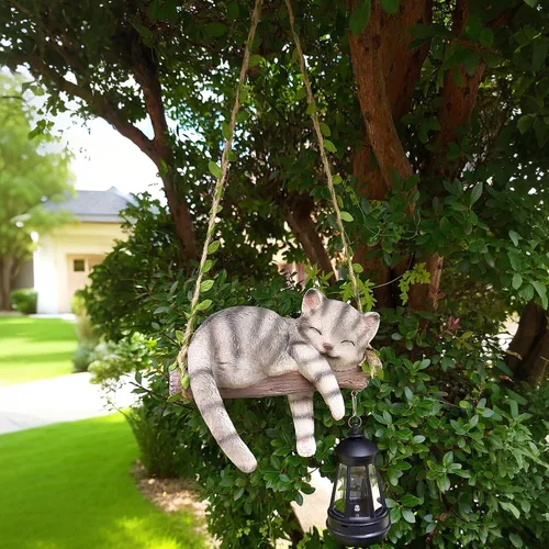 Vista 6 de Estatua de jardín con luz solar para exteriores, columpio colgante de 22.6 pulgadas de alto con un gato dormido y una linterna LED, figura de animal