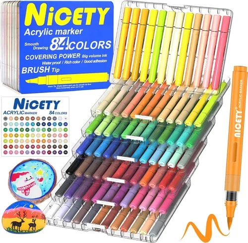 Vista 10 de NICETY 180 marcadores de pintura acrílica, marcadores de pintura acrílica con punta de pincel para pintura en roca, madera, vidrio, piedra, lienzo