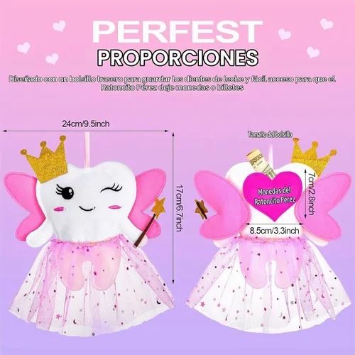 Vista 2 de Breling Kit de almohada de hadas de dientes para niñas, regalo de dientes rosados, lindo soporte para dientes