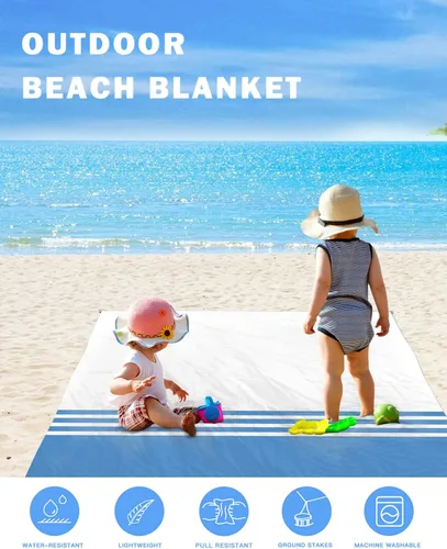 Vista 5 de Manta de playa con diseño geométrico de rayas azules y blancas, a prueba de arena, impermeable, de secado rápido, artículos esenciales de playa