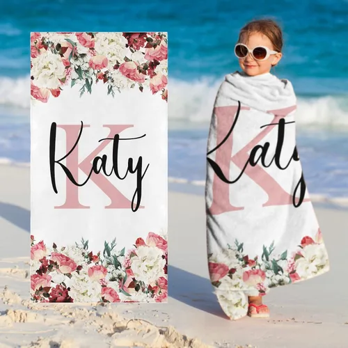 Vista 9 de Toallas de playa personalizadas para bebé niña con nombre para niños y adultos, toalla de baño de algodón con flores de acuarela personalizadas
