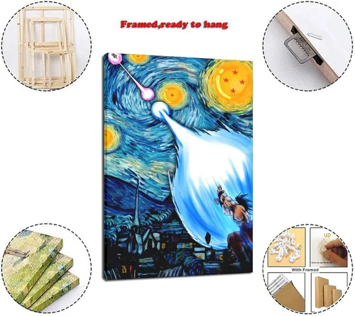 Vista 2 de Póster de noche estrellada de Dragon Van Gogh, arte de pared, decoración de sala de estar, pósteres estéticos, cuadros decorativos para el hogar